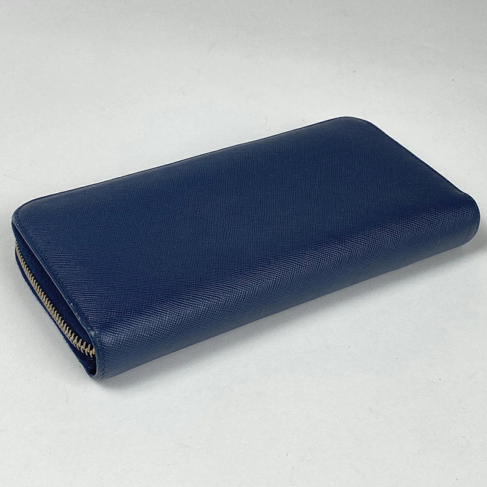 Prada Leather Plate Zipper Round Long Wallet Billfold Wallet Blue